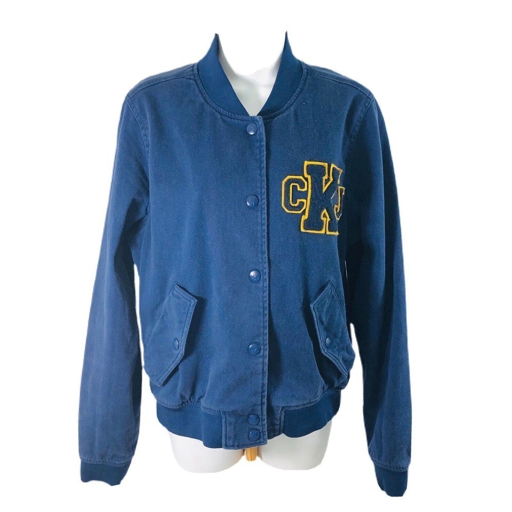 Calvin Klein Jeans Women’s Sz L Blue Denim Jacket Bomber Trucker Big Logo Patch